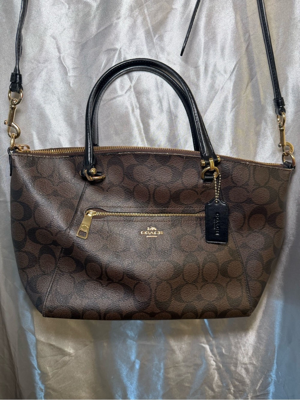Coach Brown Signature Shoulder Satchel with Black Leather Handles